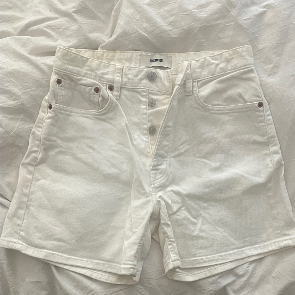 Buck Mason White High-Rise Button-Fly Denim Shorts